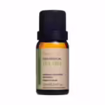 Frasco âmbar com tampa preta contendo Óleo Essencial de Tea Tree 100% puro.