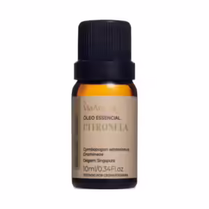 Frasco âmbar com óleo essencial de citronela Via Aroma 100% puro e natural.