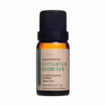 Um pequeno frasco de vidro com um líquido transparente, rotulado como "Óleo Essencial de Eucalipto Globulus( Óleo Essencial de Eucalipto Glóbulos) Via Aroma".