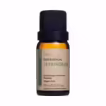 Um pequeno frasco de vidro com um líquido transparente, rotulado como "Óleo Essencial de Lemongrass Via Aroma".